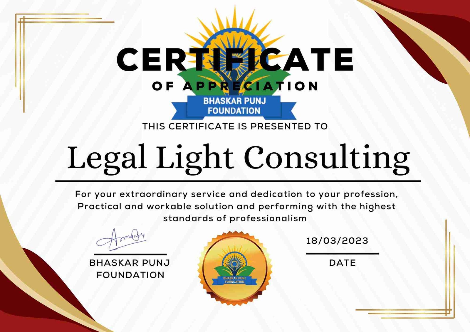 Appreciation certificate by Bhaskar Punj Foundation